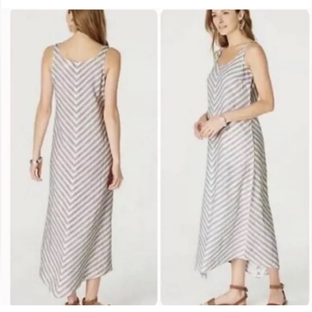 J.JILL Love Linen DRESS SIZE L Petite LINEN MAXI STRIPES SUMMER SPRING BEECHNUT